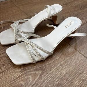 Quiz White Pearl-Strap Mid Heel Sandals